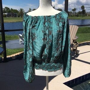Translations Silk Elegant Teal Brown Off-Shoulder Blouse Ruched Waist SZ M. S